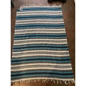 Turquoise Blue White Black Gray Western Blanket Falsa Fringed Throw 75” X 52”